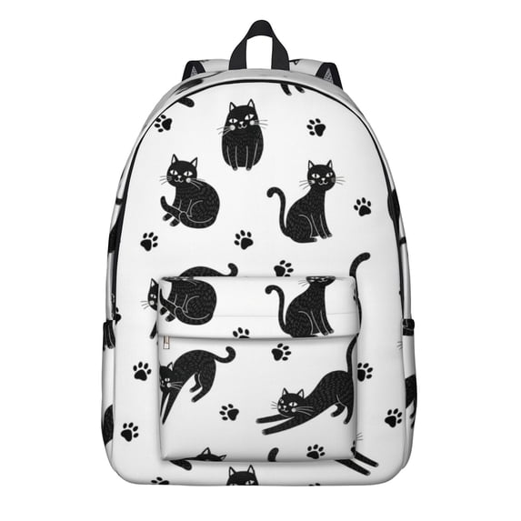 Black Cat and Paw Print White Pattern Backpack for School, Cute School Bag with Adjustable Shoulder Straps and Padded Back, 15.7"x11.8"x5.5"