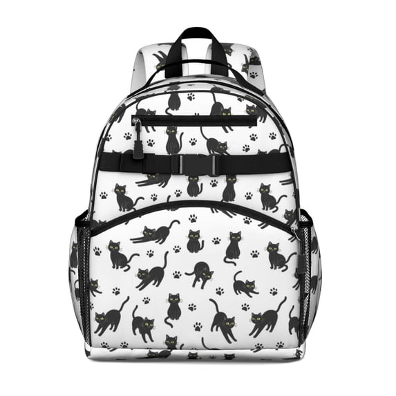 Black Cat and Paw Print White Pattern Cute School Backpack Bag for School with Padded Back and Adjustable Shoulder Straps 15.25"x11.5"x5.25"