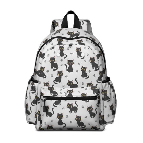 Black Cat and Paw Print White Pattern Cute School Backpack with Padded Back and Adjustable Shoulder Straps 13.4"x11"x4.7"
