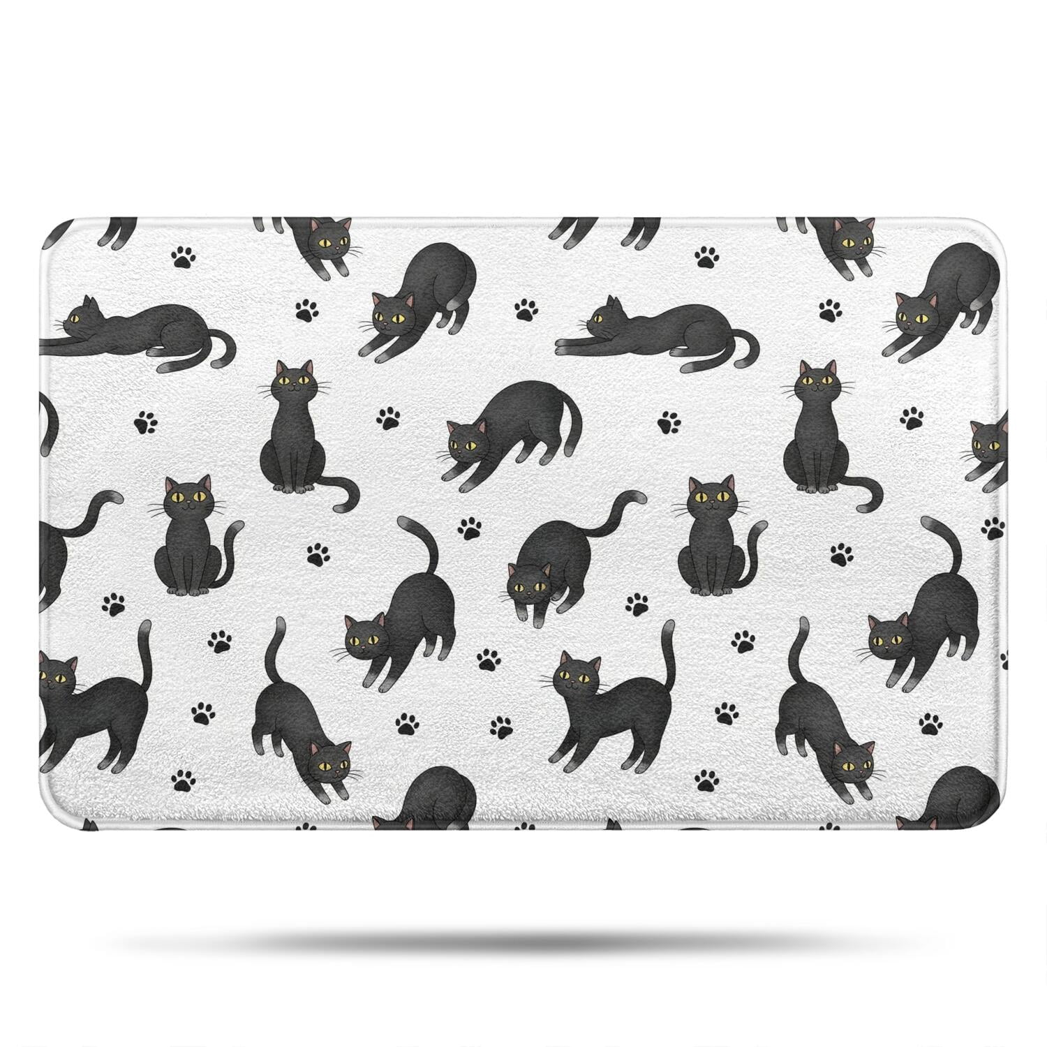 Black Cat and Paw Print White Pattern Non Slip Microfiber Bathroom Rugs ...