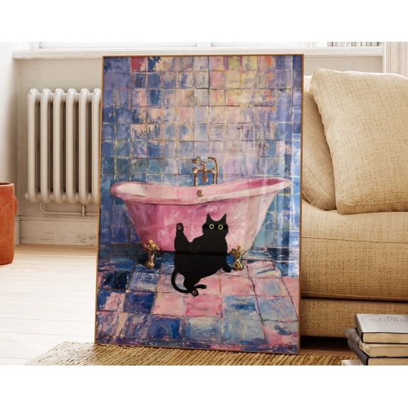 Black Cat and Pink Bathtub Poster - Playful Pink Clawfoot Bathtub Art, Bathroom Wall Art for Cat Lovers Gift, Cat lovers Gifts PS0614, 8x12 UNFRAMED