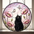 thumbnail image 1 of Black Cat and Pink Poppies Glass Suncatcher, Butterfly Garden Window Hanging, for Mom, Grandma, Cat Mom Decor, 7.9 in, 1 of 3