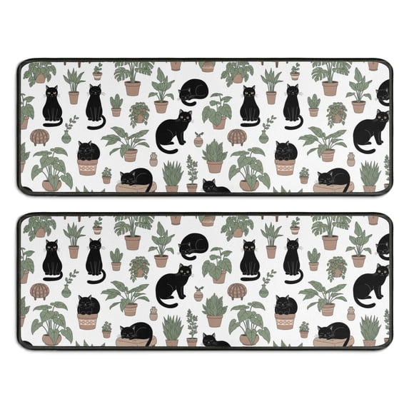 Black Cat and Plant White Pattern Anti Fatigue Kitchen Rugs Set Of 2, Non Slip Washable Decorative Floor Mats for Sink Laundry and Home Use, 17"x47"