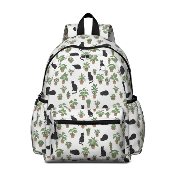 Black Cat and Plant White Pattern Cute School Backpack with Padded Back and Adjustable Shoulder Straps 13.4"x11"x4.7"