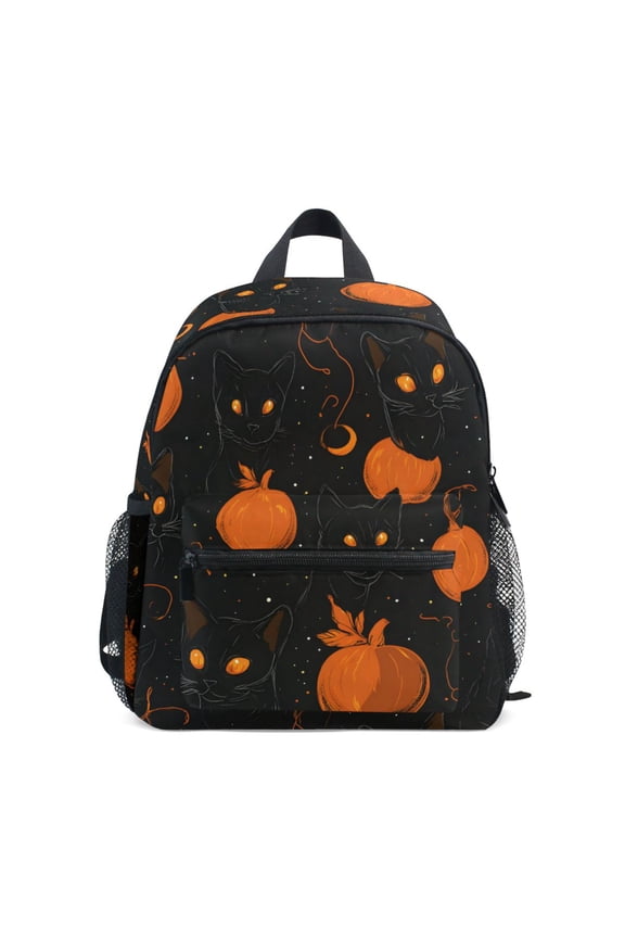 Black Cat and Pumpkin Mini Backpack Cute Small Backpack with Chest Strap and Whistle Ages 3-8