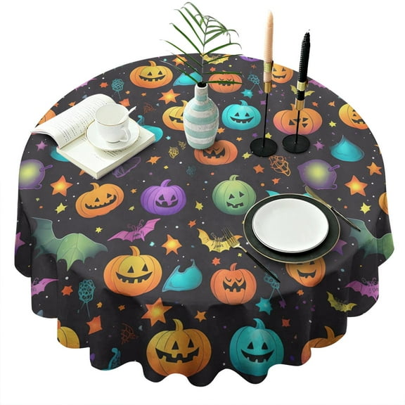 Black Cat and Pumpkin Tablecloth 60 Inch Round - Halloween Waterproof Washable Autumn Theme