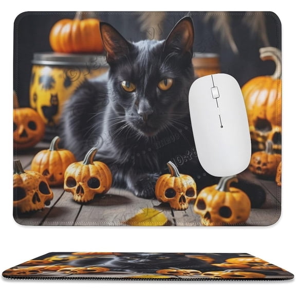 Black Cat and Skeleton Print Mouse Pad with Stitched Edge,Premium-Textured Mouse Mat, Non-Slip Rubber Base Mousepad for Laptop, Computer & PC 10"x12"