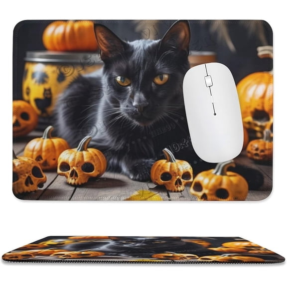 Black Cat and Skeleton Print Mouse Pad with Stitched Edge,Premium-Textured Mouse Mat, Non-Slip Rubber Base Mousepad for Laptop, Computer & PC 8"x10"