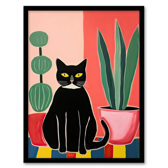 Black Cat and Succulents Henri Matisse Style Oil Painting Simple Pet Portrait with Potted Plants Art Print Framed Poster Wall Decor 12x16 inch