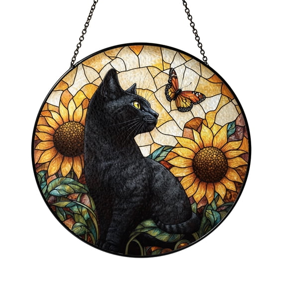 Black Cat and Sunflowers Stained Glass Style Suncatcher, Floral ...