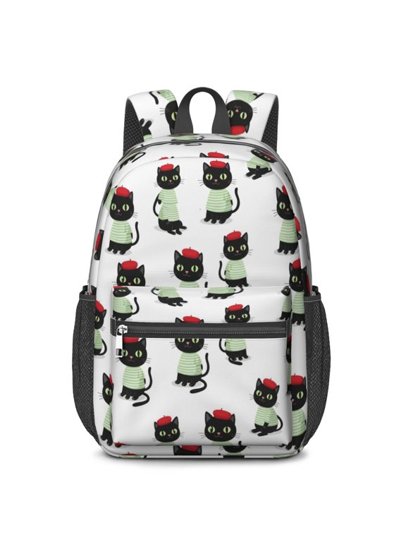 Black Cat and Sweater White Pattern 17" Waterproof Oxford School Backpacks for Teens, S-Shape Padded Straps, for School, Travel, Hiking, Camping