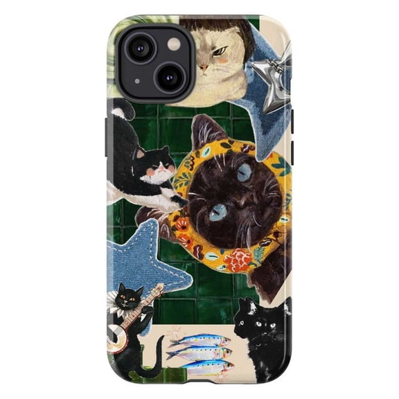 Black Cat and Tabby Cat Phone Case, Siamese Cat with Flower Headdress, Funny Cat Lovers iPhone Case for 17 16 15 14 13 12 11