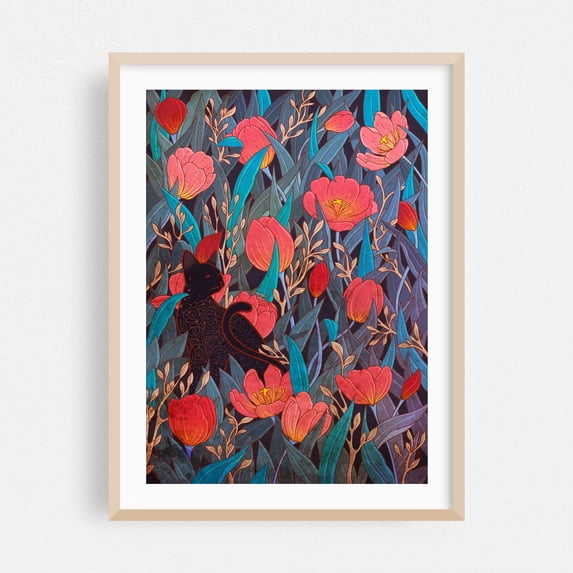 Black Cat and Tulips - Illustration Floral Cat Botanical Whimsical Garden Mystical Oak Framed Wall Art Print 6 x 8 inches