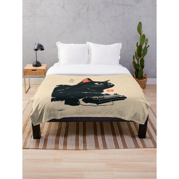 Black Cat and Typewriter Cream Polyester Fleece Blanket, 280 GSM, Literary Home Accent