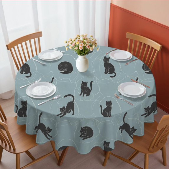 Black Cat and Yarn Ball Blue Pattern Round Tablecloth 70"x70", Wrinkle Resistant Wipeable Table Cover for Kitchen Dining Room Picnic Patio and Party