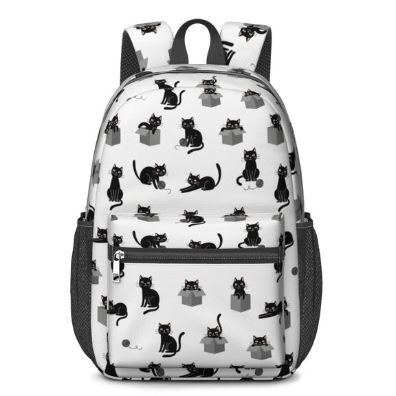 Black Cat and Yarn White Pattern 17" Waterproof Oxford School Backpacks for Teens, S-Shape Padded Straps, for School, Travel, Hiking, Camping