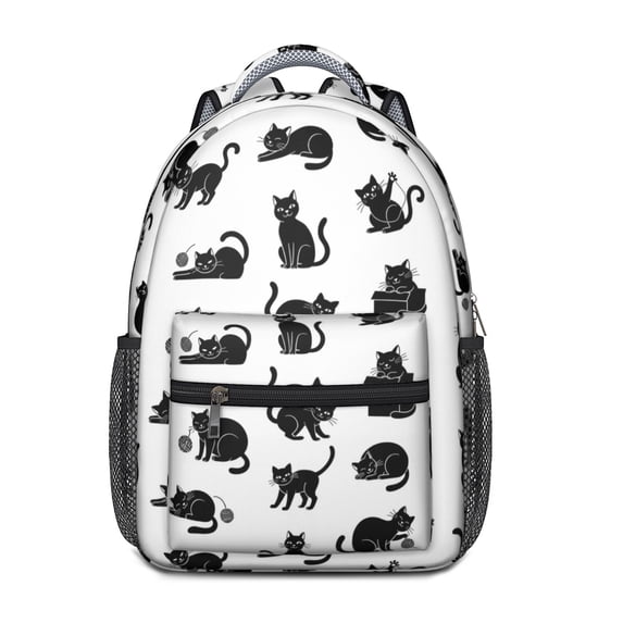 Black Cat and Yarn White Pattern Backpack for School, Cute School Bag with Adjustable Shoulder Straps and Padded Back, 15.3"x11"x6.7"