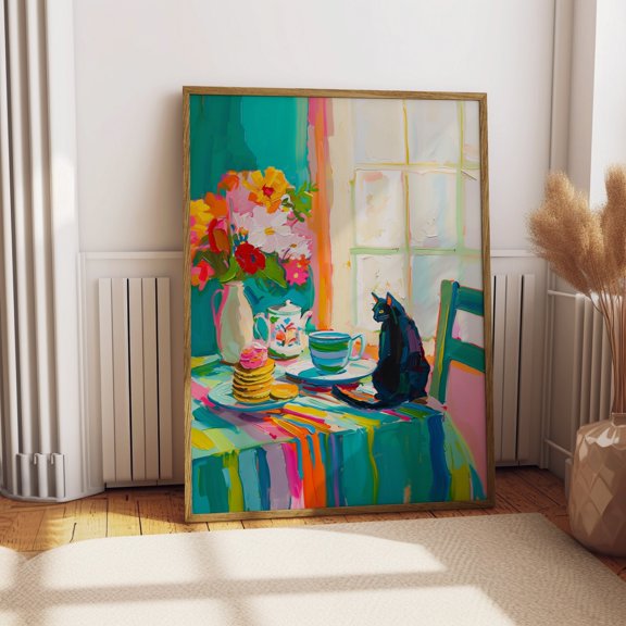 Black Cat at Breakfast Table Print Kitchen Abstract Painting Vibrant Coffee Color Kitchen Poster Matisse Styled Artwork, Poster Only