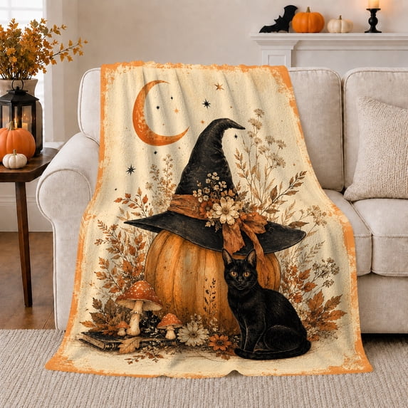 Black Cat beside Pumpkin and Hat, Mystical Vintage Style for Cat Lovers, Autumn Botanical Moon Scene and Halloween Gift, Soft Flannel Blanket for Bedroom and Reading Nook, Gothic Home Decor
