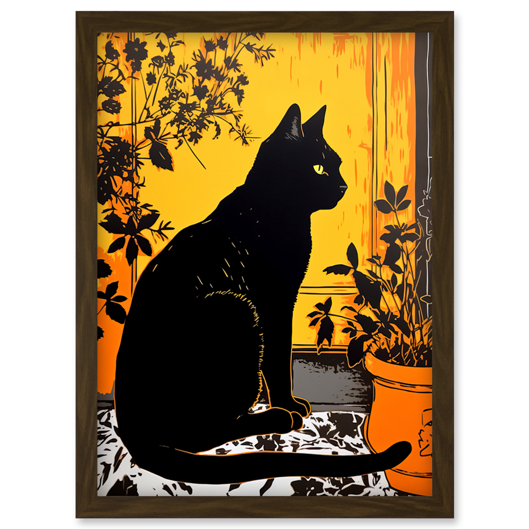 Black Cat by Potted Plants Oil Painting Mediterranean Yard Tiles