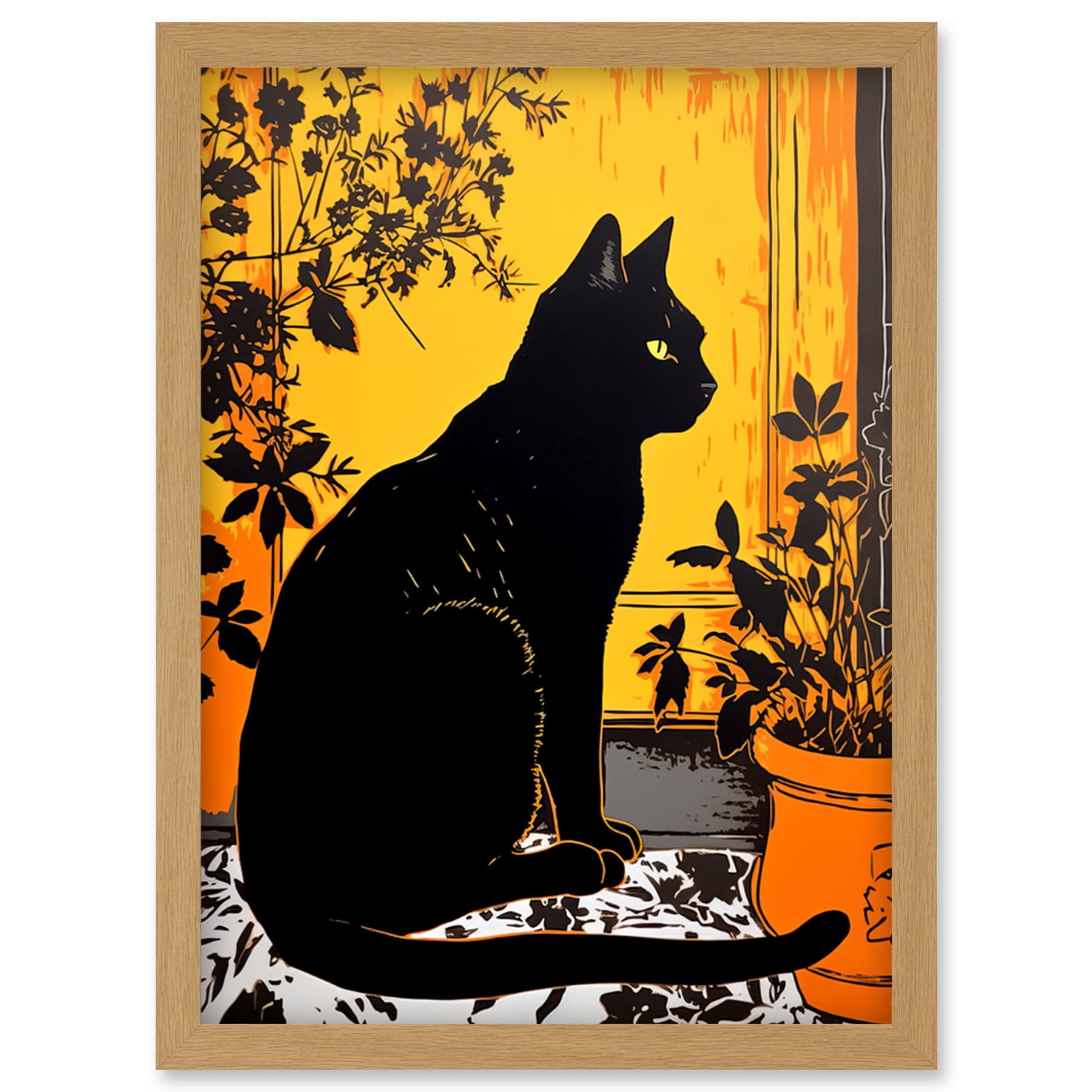 Black Cat by Potted Plants Oil Painting Mediterranean Yard Tiles
