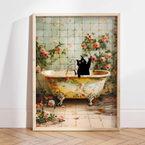 Black Cat in Bathtub Roses Bathroom Wall Picture, Unframed Canvas 8x10in