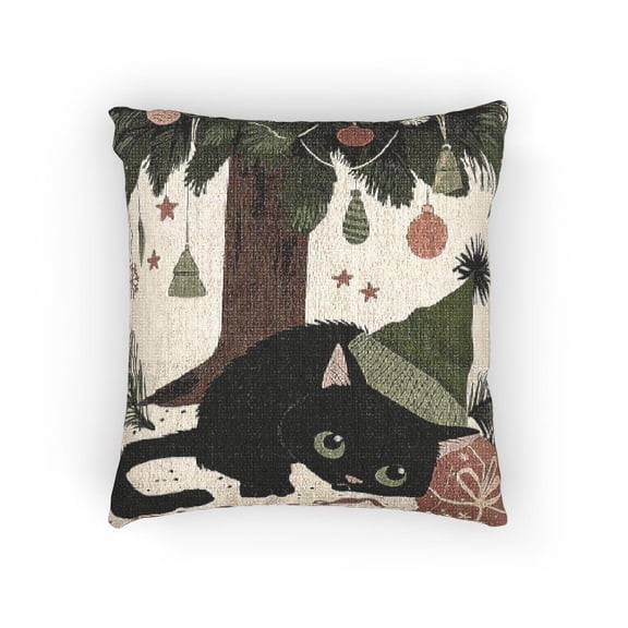 Black Cat in Elf Hat Under Christmas Tree, Red and Green Decorative Woven Pillow, Cotton-Polyester Shell