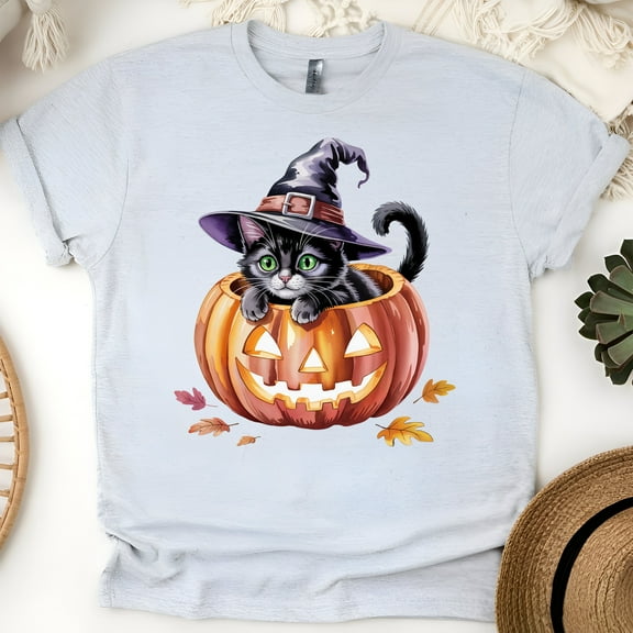 Black Cat in Pumpkin Halloween Shirt | Cute Witch Cat with Jack-O’-Lantern Graphic Tee, Ash, Size S