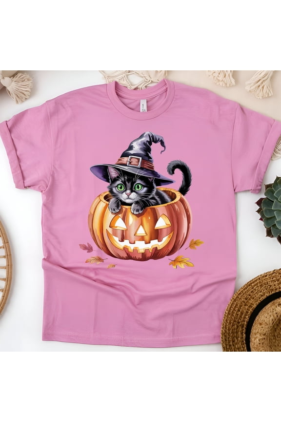 Black Cat in Pumpkin Halloween Shirt | Cute Witch Cat with Jack-O’-Lantern Graphic Tee, Azalea, Size S