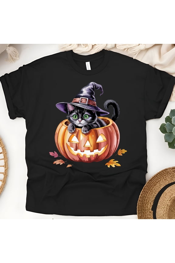 Black Cat in Pumpkin Halloween Shirt | Cute Witch Cat with Jack-O’-Lantern Graphic Tee, Black, Size XL