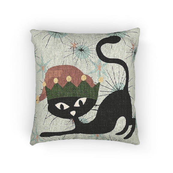 Black Cat in Red and Green Elf Hat with Starbursts Woven Pillow, Double Sided, 17 x 18 in