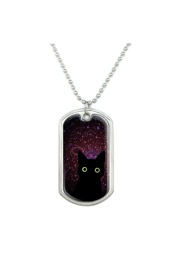 Black Cat in Space with Stars and Galaxy Military Dog Tag Pendant Necklace with Chain