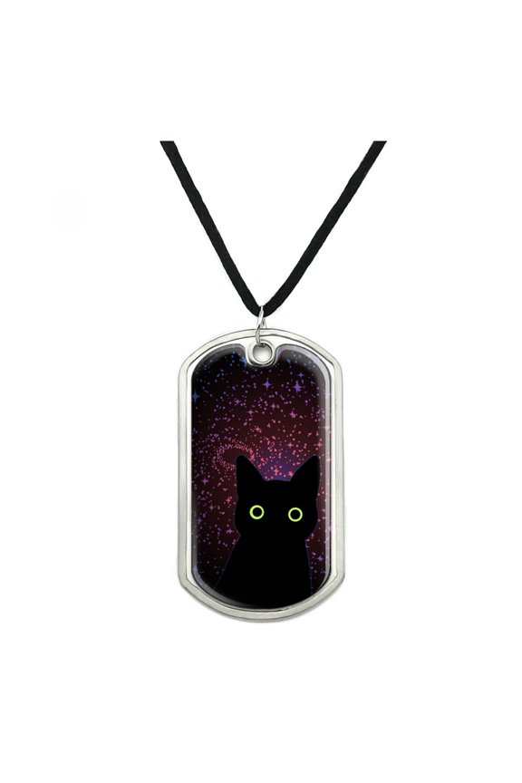 Black Cat in Space with Stars and Galaxy Military Dog Tag Pendant Necklace with Cord