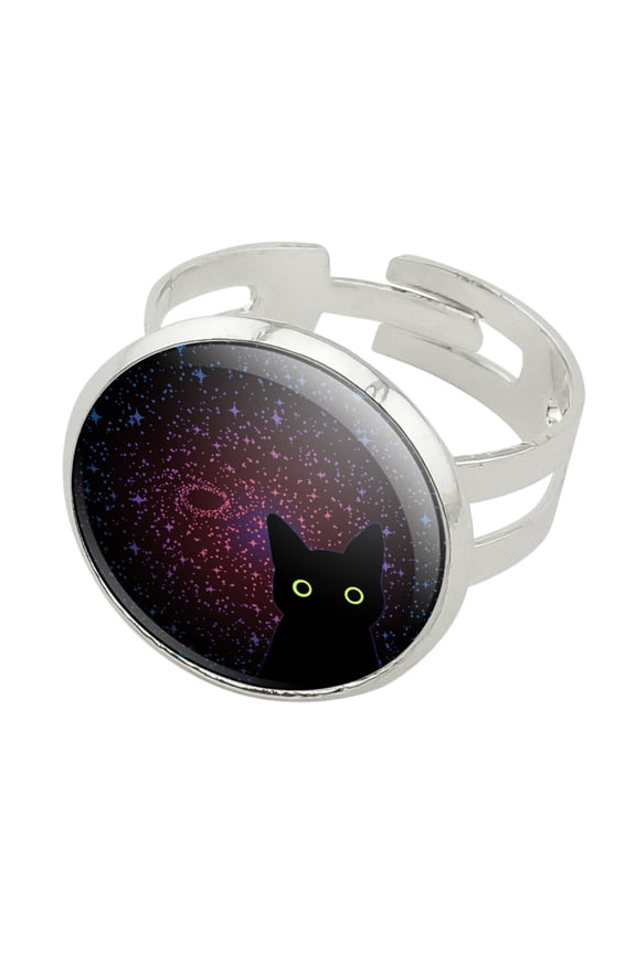 Black Cat in Space with Stars and Galaxy Silver Plated Adjustable Novelty Ring