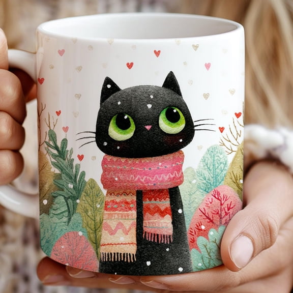 Black Cat in Winter Forest Hearts Mug | Valentine Cottagecore Ceramic, V Day Gift