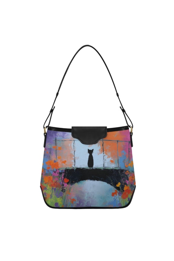 Black Cat on Bridge with Flowers Women's Tote Bag Convertible Handbags Hobo Shoulder Bag with Zipper Magnetic Snap