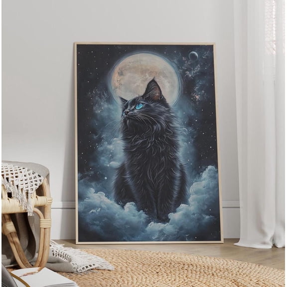 Black Cat on Clouds Moon Wall Art, Celestial Mystical Cat Decor, Unframed Paper Print Size 8x12