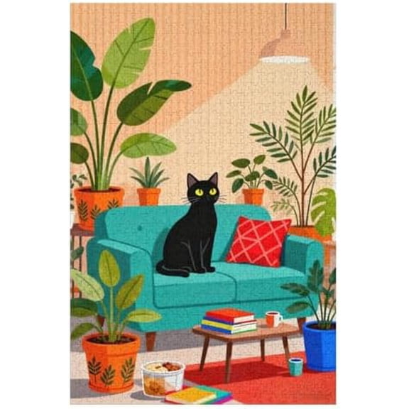 Black Cat on Couch Jigsaw Puzzle 500 Pieces for Adults, Cozy Indoor Scene with Potted Plants Artwork, Relaxing Illustration, Cat Lover Wall Art Decor