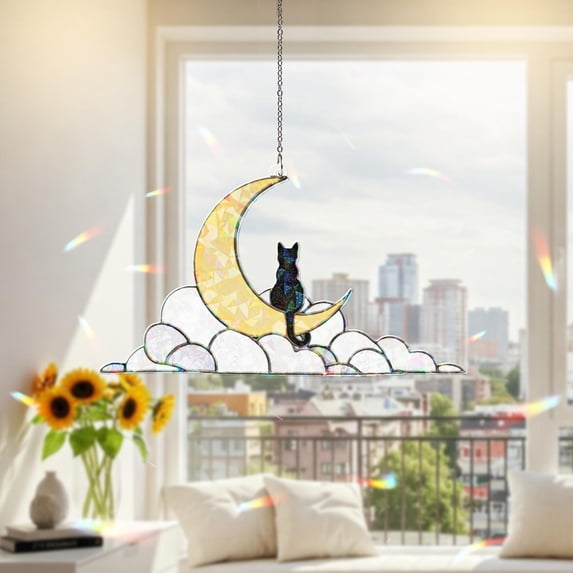 Black Cat on Crescent Moon Acrylic Suncatcher Window Hanging Hologram Prism Iridescent Rainbow Maker Whimsical Kitty Pet Gift Decor