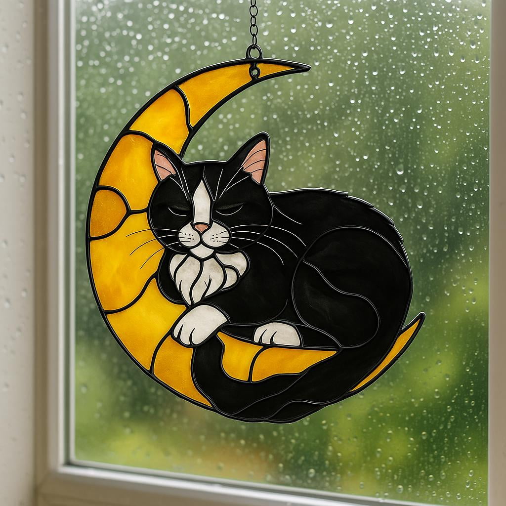 Black Cat on Moon Acrylic Suncatcher, Sleeping Cat Faux Stained Glass ...