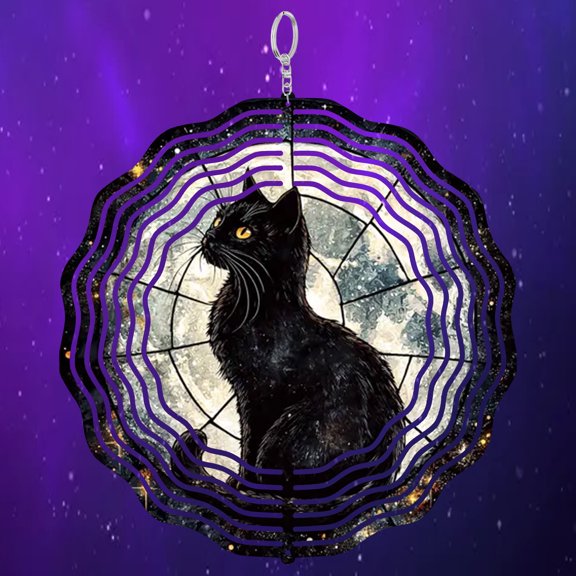 Black Cat on Moon Metal Wind Spinner 3D Hanging Halloween Garden Decor