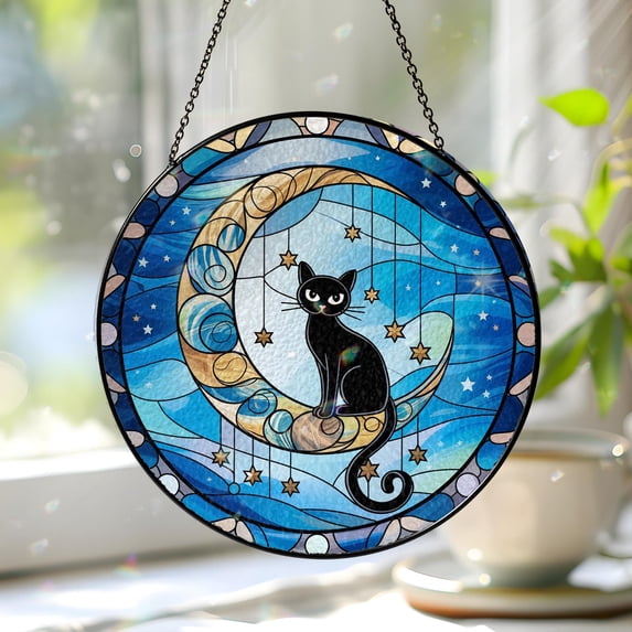 Black Cat on Moon Stained Glass Suncatcher – Cat Lover Memorial Window ...