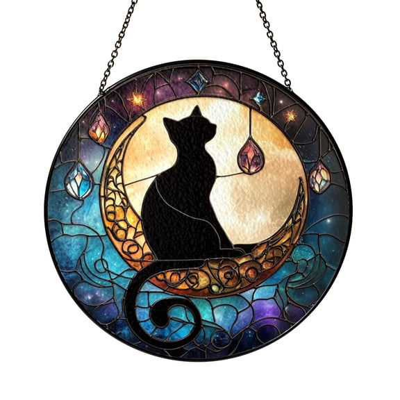 Black Cat on Moon Stained Glass Suncatcher Window Hanging, Mystical Moonlight Cat Window Decor with Celestial Gothic Style