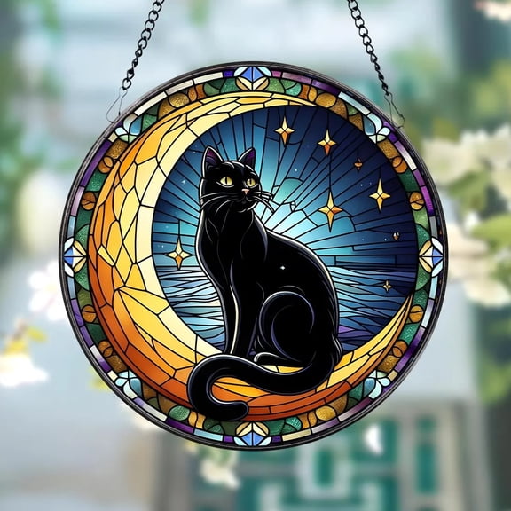 Black Cat on Moon Stained Glass Suncatcher, Window Hangings, Cat Owner Gift, Gift for Cat Mom, Stained Glass Decor, Mother's Day Gift