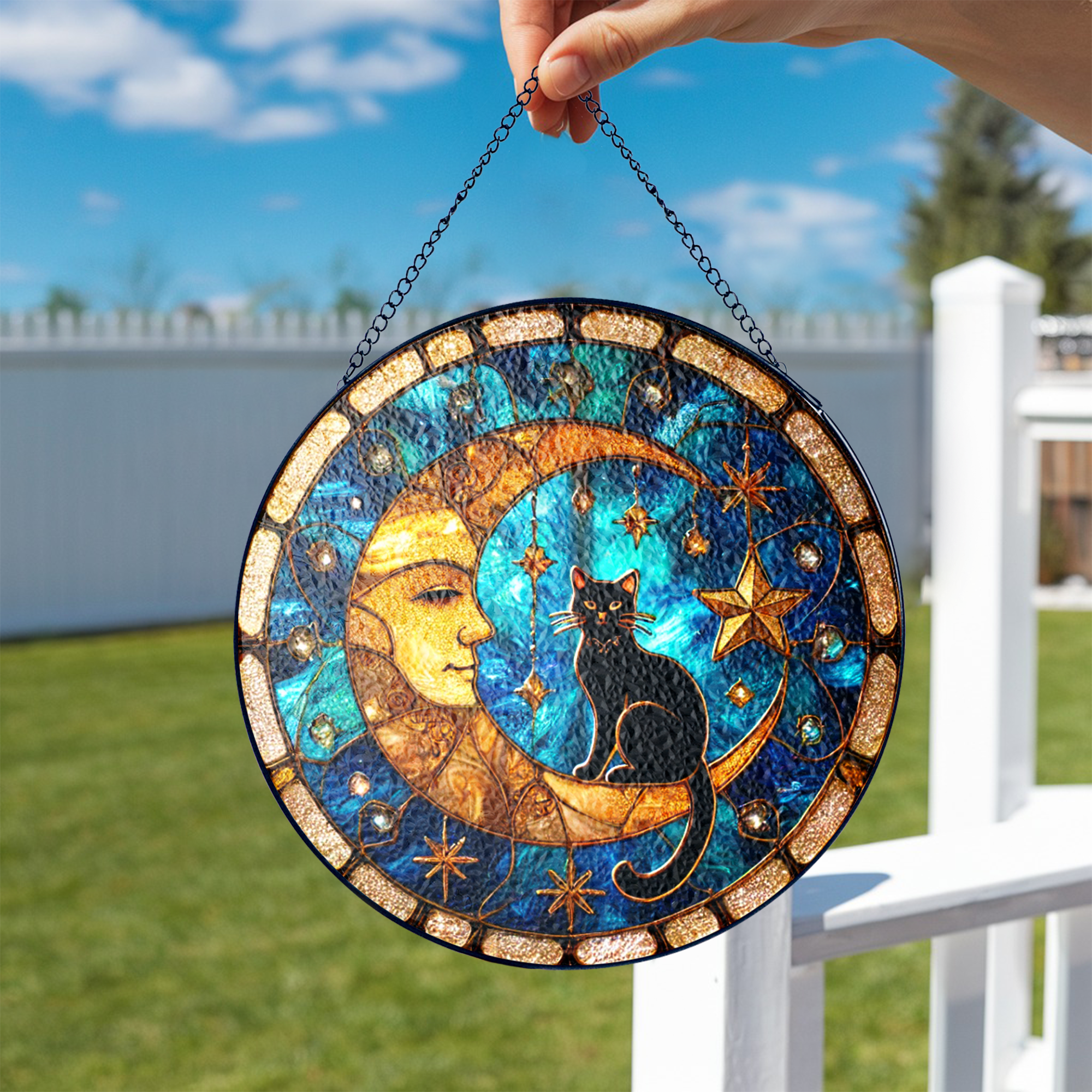 Black Cat on Moon Stained Glass Window Hanging, Colorful Suncatcher for ...