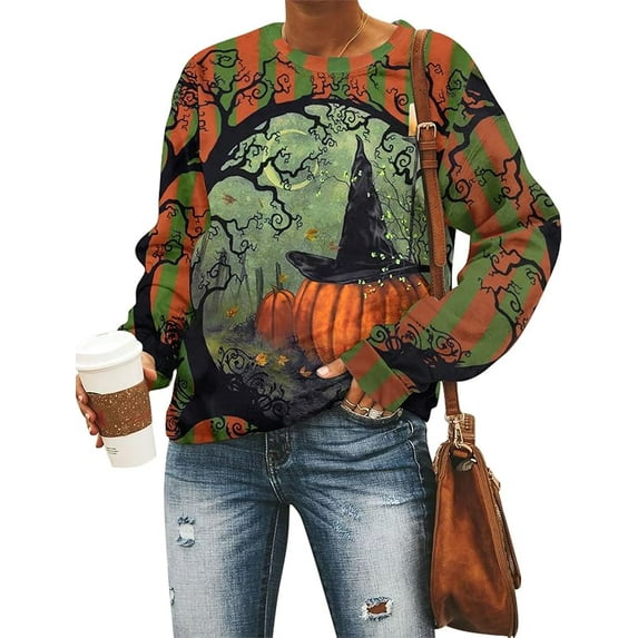 Black Cat on Pumpkin Sweatshirt Halloween Sweatshirts for Women Fall Pumpkin Face Tee Lightweight Pullover Tops