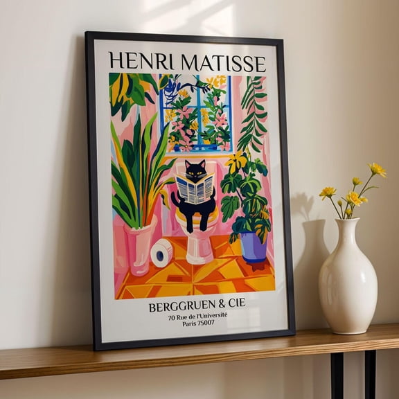 Black Cat on Tet Print Poster Bathroom Wall Art Inspired Pink Dopamine Decor Mid Century Modern Aesthetic Poster, Size 8x12 UNFFRAMED F03.1.6l1794