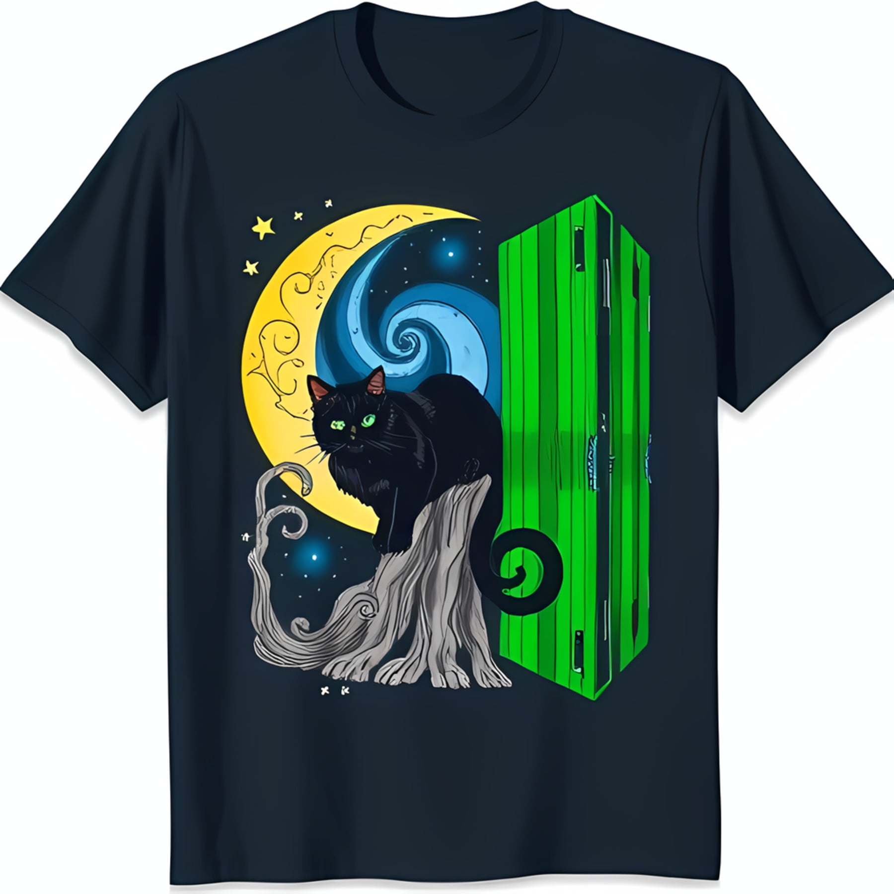 Black Cat on Tree Stump TShirt with Green Eyes & Spiral Moon Design