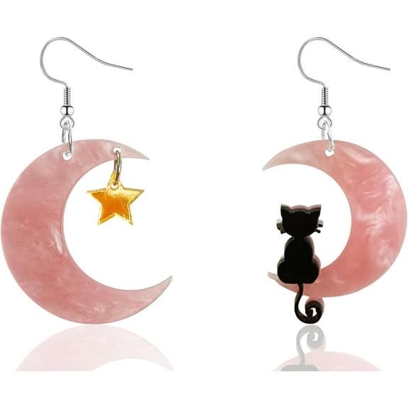 Black Cat on the Moon Earrings, Acrylic Moon Star Cat Earrings, Funny Animal Cat Halloween Jewelry Accessories
