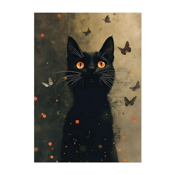 Black Cat with Butterflies - Digital Art Cat Animal Surrealism Gothic Mystical Wildlife Fantasy Unframed Wall Art Print 4 x 6 inches